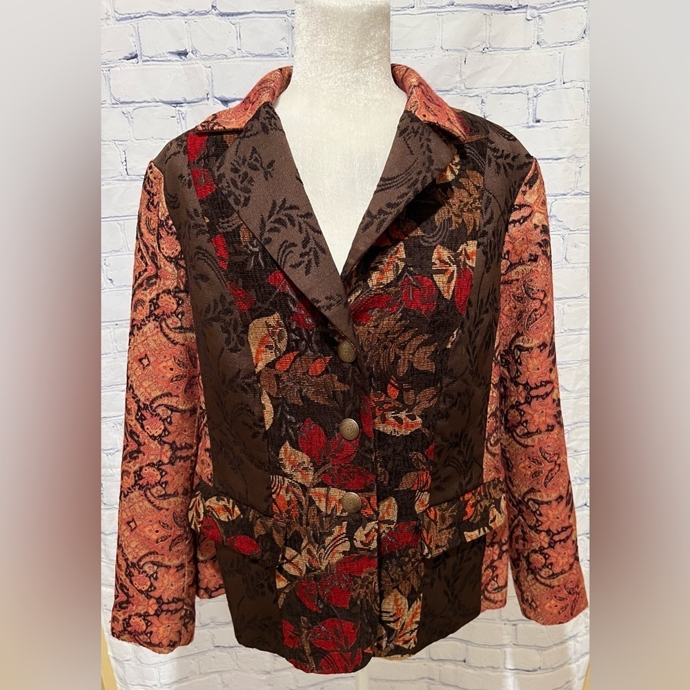 Coldwater Creek Blazer Womens 20 Brown Orange Leaf Print 3 Metal Button Jacket